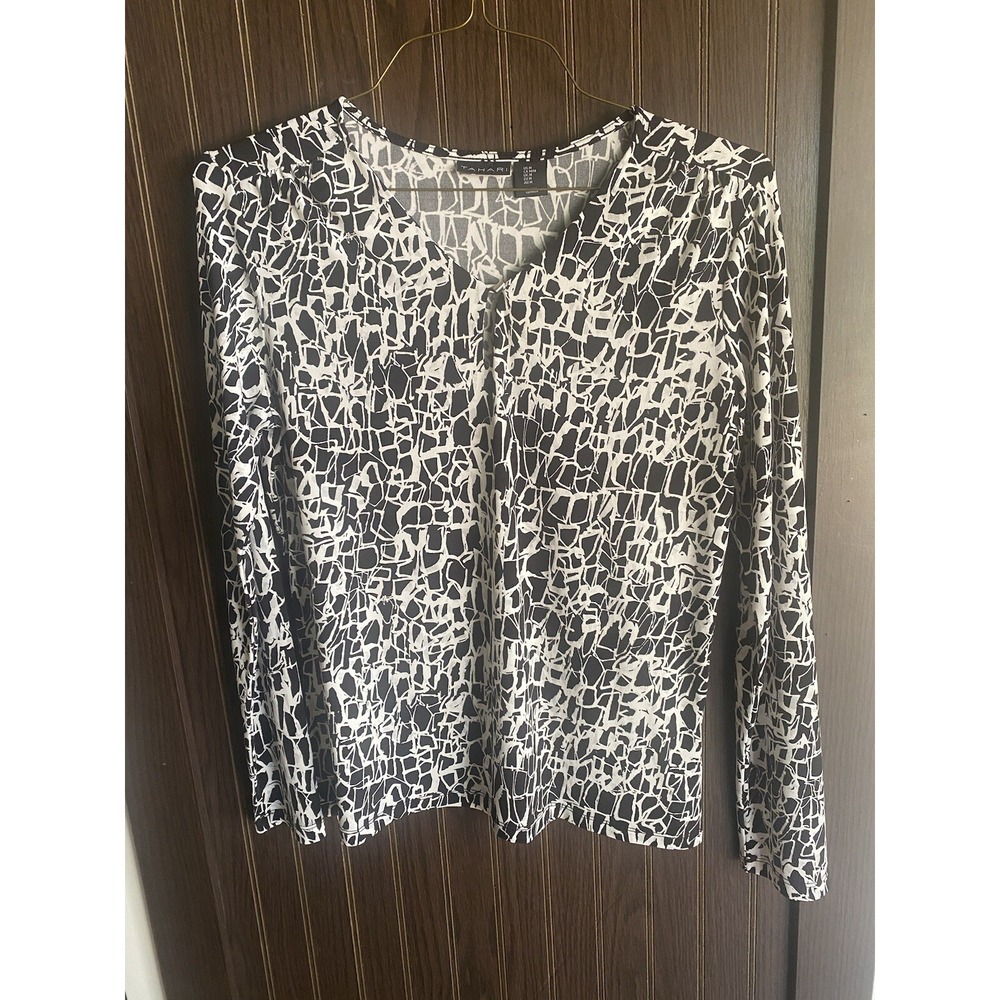 Tahari Womens Black White Abstract Print V-Neck Long Sleeve Top Size Medium